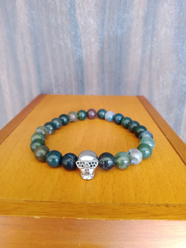 Jade Stone Bracelet with Skull Charm