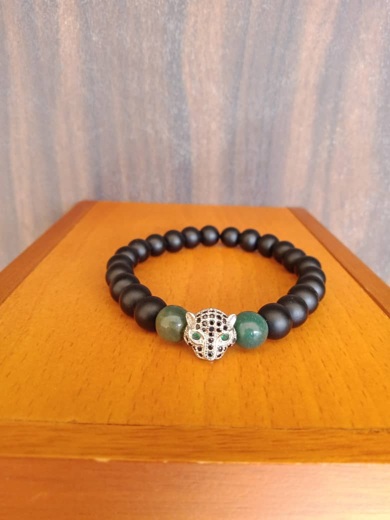 Matte Black Onyx Stone, Jade Stone and Panther Head Charm