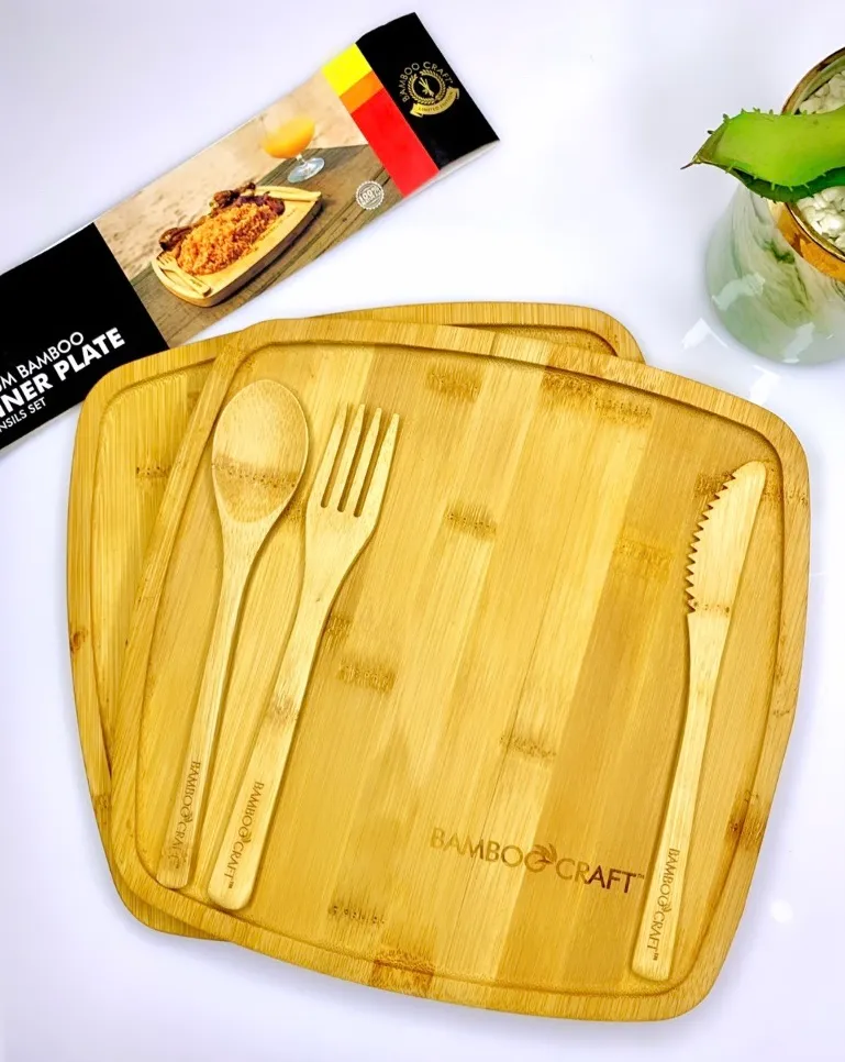2 Piece Set Premium Finished Bamboo Dinner Plates + Cutlery Set