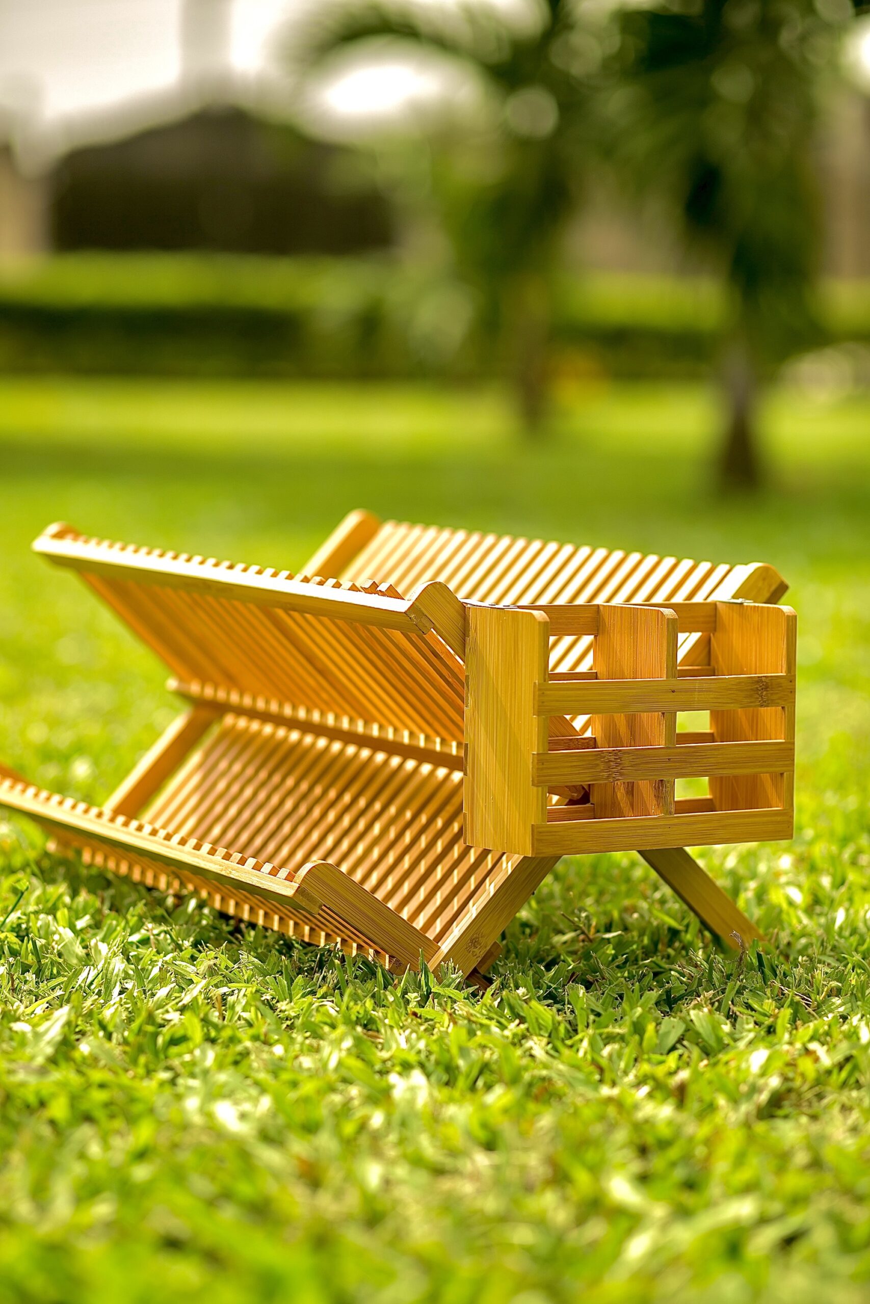 Water Resistant Bamboo X Shaped Foldable Dish Rack +Utensil Caddy